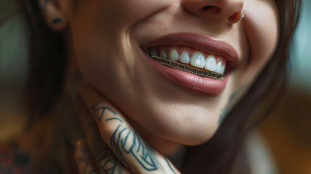 Smiling Woman with grillz and Tattoos, showcasing alternative beautyの素材