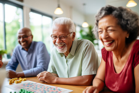 Multiracial seniors having fun during board game in geriatric clinic or nursing homeの素材