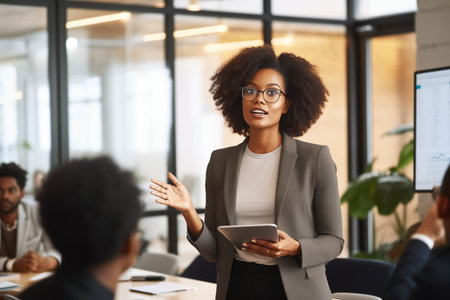 Confident professional black businesswoman makes presentation of project in boardroom settingの素材