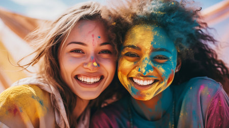 Joyful girlfriends with colorful faces celebrating Holi festival of colorsの素材