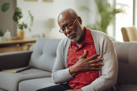 Elderly black man having heart attack and acute pain sitting on sofa in living roomの素材