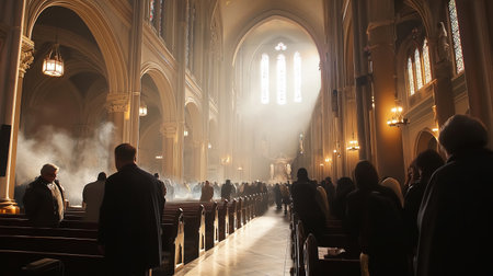 Interior of Catholic church during service with congregantsの素材