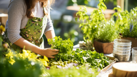Happy young woman plants young vegetables in bedsの素材