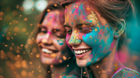 Two Joyful girlfriends with colorful faces celebrating Holi festival of colorsの素材