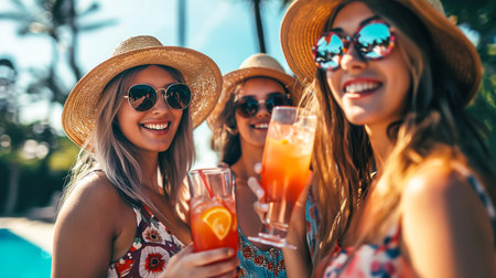 Joyful female Friends enjoying summer vibes with refreshing Tropical drinks by pool Partyの素材