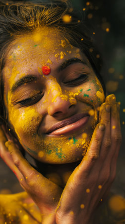 Happy Young Indian woman with colorful Holi powder smiling surrounded by paint particlesの素材
