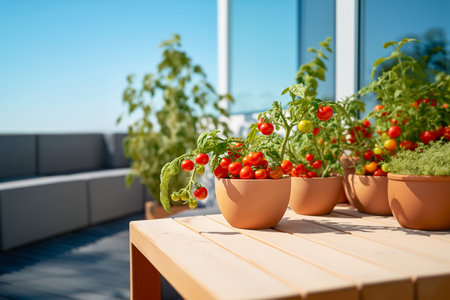 Ripe cherry tomatoes growing in terracotta pots on Sunny Balconyの素材