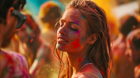 Happy young woman having fun in crowd at Holi festival of colors, summer party or music festivalの素材