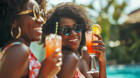 Joyful female Friends enjoying summer vibes with refreshing Tropical drinks by pool Partyの素材