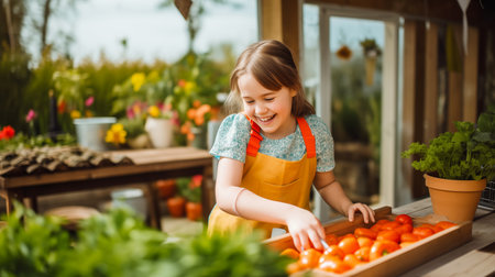 Happy girl gardening and Cultivating plantsの素材