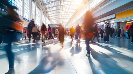 Foto de Commuters silhouettes in subway station, train station or airport. Rush Hour in public transport with abstract colorful light trails - Imagen libre de derechos