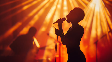 Silhouette of a jazz singer performing at a concert with orange light showの素材