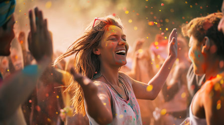 Happy young woman having fun and dancing in crowd at Holi festival of colors, summer party or music festivalの素材