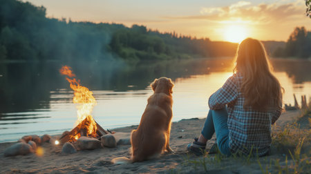 Back view of young woman and dog sitting by campfire on lake shoreの素材