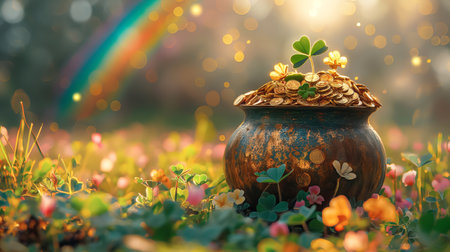 Leprechaun pot with gold coins on clover meadow with rainbow. St. Patricks dayの素材