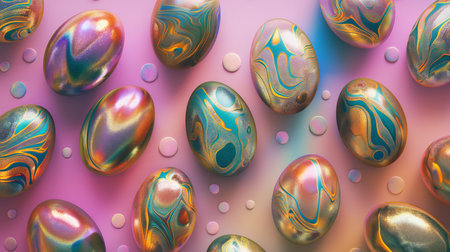 Iridescent holographic Easter eggs background. Modern traditional holiday decorationsの素材