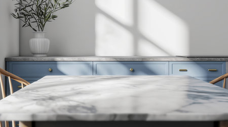 Minimal modern kitchen with marble table and flowers. Simplicity and elegance in home decorの素材