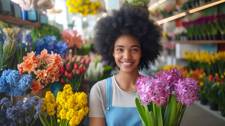 Joyful female florist selling fresh spring flowers with hyacinths and tulipsの素材