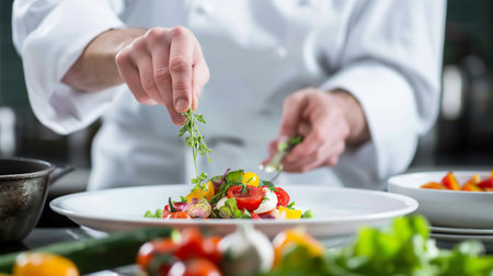 Chef cooking vegetable salad before serving in a restaurant close-upの素材