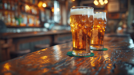 Beer with shamrock decoration, set on wooden bar, embodying festive spirit of St. Patricks Day celebrationsの素材