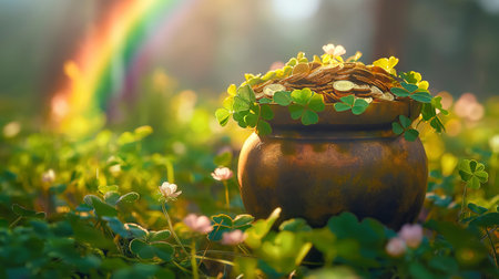 Leprechaun pot with gold coins on clover meadow with rainbow. St. Patricks dayの素材