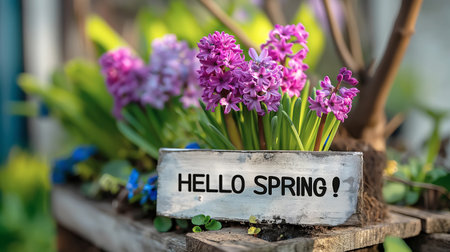 Sign with the text HELLO SPRING surrounded by spring flowersの素材