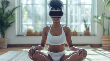Young woman doing yoga with VR headset in sunny living room, blending healthy lifestyle and technologyの素材