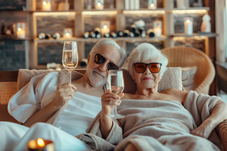 Relaxed senior couple in love enjoying serene moment among candles in spa with glasses of champagneの素材