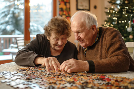 Elderly couple putting together a puzzle at homeの素材