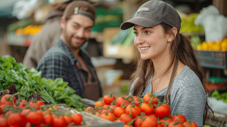 Happy vendor selling fresh tomatoes at local farmers marketの素材