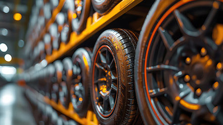 New tire for sale at a tire store or in a large warehouseの素材