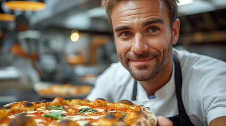 Chef pizzaiolo prepared fresh delicious pizza close-upの素材