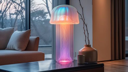 Modern living room with accent jellyfish table lamp on coffee tableの素材