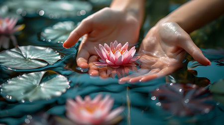 Gentle hands carefully holding delicate water lily above tranquil pond watersの素材