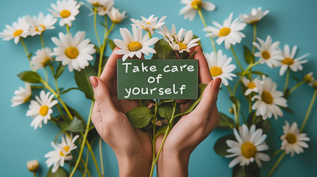 Hands with sign TAKE CARE OF YOURSELF among beautiful array of daisies, symbolizing self-love and careの素材