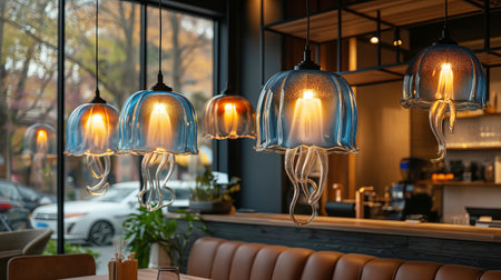 Cozy cafe with creative jellyfish shaped lampsの素材