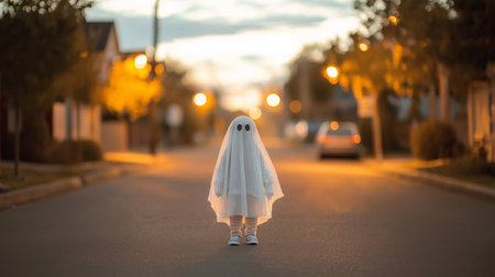 Child in ghost costume standing on suburban street during halloween eveningの素材