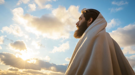 Serene contemplation of bearded man pilgrim wrapped in blanket against sunlit skyの素材