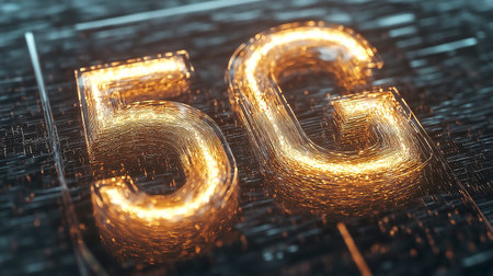 Glowing 5g technology symbol in futuristic digital landscapeの素材