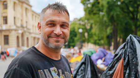 Optimistic homeless man smiling in urban park settingの素材