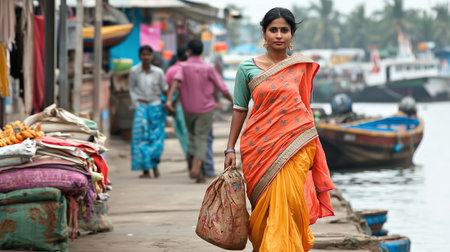 Indian Woman in traditional sari walking at vibrant waterfront marketの素材