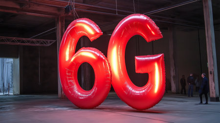 Futuristic technology concept with giant inflatable 6g installation in an industrial warehouseの素材