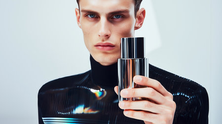 Young male model with stylish perfume bottle in futuristic attireの素材