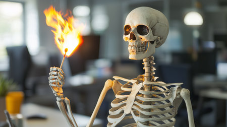 Skeleton holding burning match in office environment. Emotional burnout at work conceptの素材
