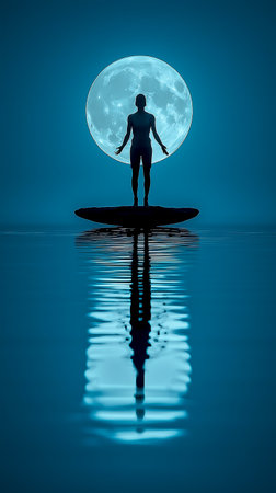 Silhouette of person with moon reflection on water at nightの素材