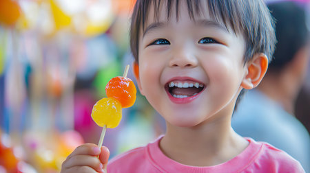 Joyful asian child eating colorful candied fruit at outdoor festivalの素材