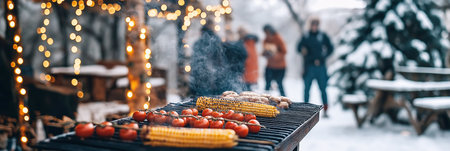 Winter barbecue gathering: cozy outdoor cooking with grilled vegetables and festive lightsの素材