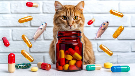 Ginger cat and jar of colorful pills with floating fish against white brick backgroundの素材