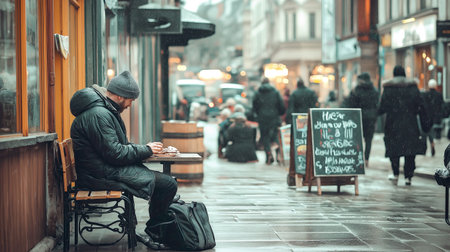 Urban winter scene with homeless man writing outdoors at cafe in snowy city streetの素材