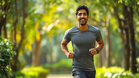 Smiling Indian man enjoying a morning jog in a peaceful park settingの素材